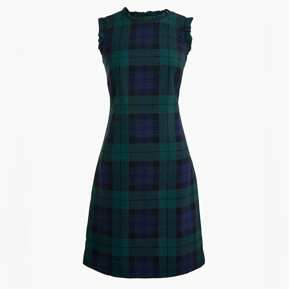 J Crew Black Watch Plaid Ruffle Neck Suiting Dress NWT
